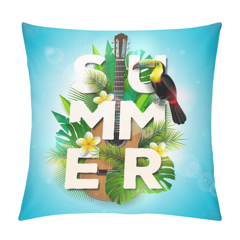 Personality  Vector Summer Holiday Typographic Illustration With Toucan Bird, Acoustic Guitar And Flower On Tropical Plants Background. Design Template With Green Palm Leaf For Banner, Flyer, Invitation, Brochure Pillow Covers