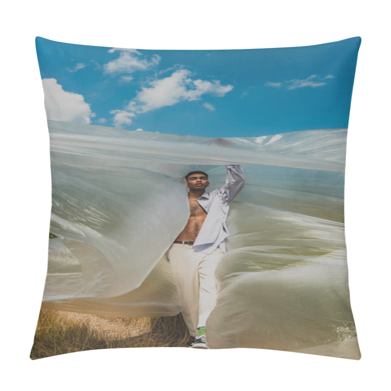 Personality  Young African American Man In Trendy Clothes Standing With Closed Eyes Under Polyethylene And Cloudy Sky Pillow Covers