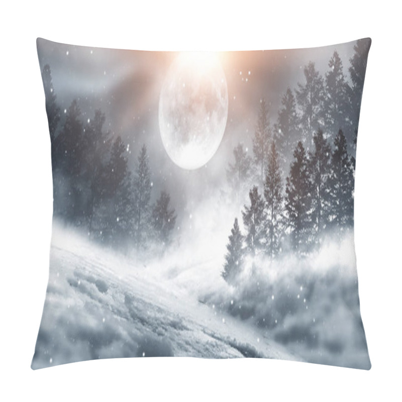 Personality  Dark Winter Forest Background At Night. Snow, Fog, Moonlight. Dark Neon Night Background In The Forest With Moonlight. Neon Figure In The Center. Night View, Magic. Pillow Covers