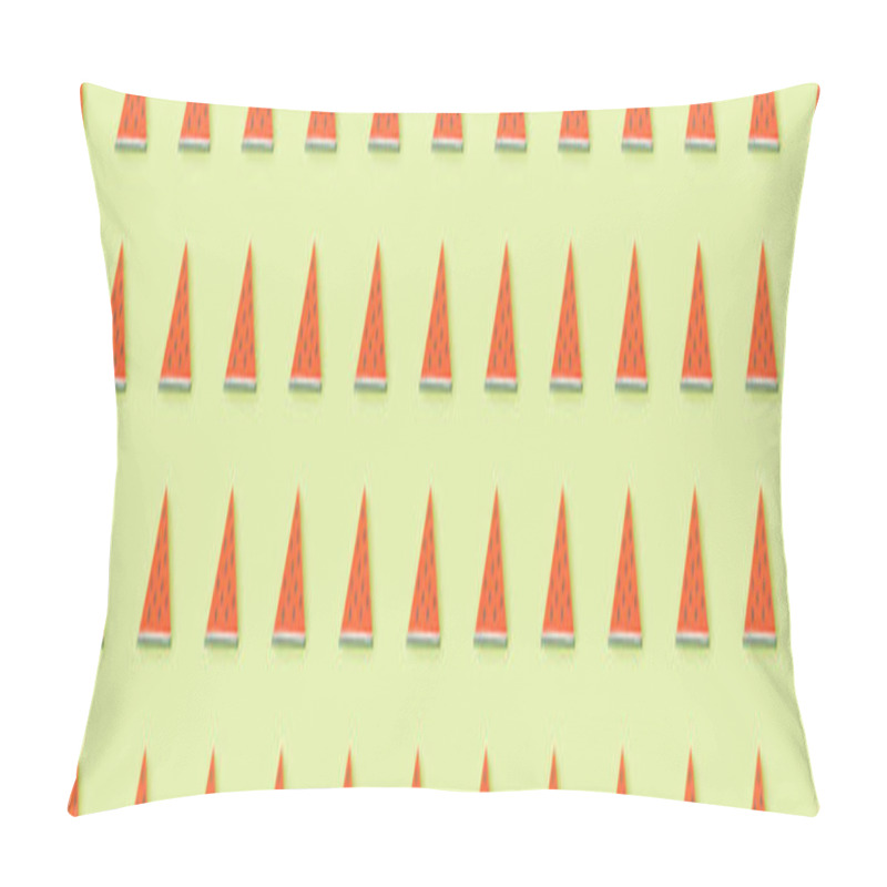 Personality  Panoramic Shot Of Pattern With Handmade Paper Watermelon Slices Isolated On Green Pillow Covers