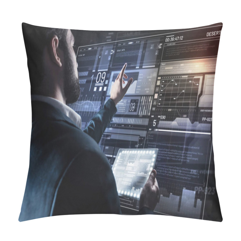 Personality  Bearded Man Pointing To The Transparent Screen While Holding A Tablet Pillow Covers