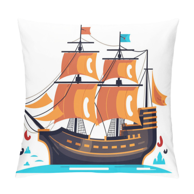 Personality  Ocean Voyage: Exploring The Maritime Industry On A Nautical Vessel, Explore A Cartoon Boat Sailing On The Sea, A Maritime Journey Awaits. Pirated Ship Vector Illustration Pillow Covers