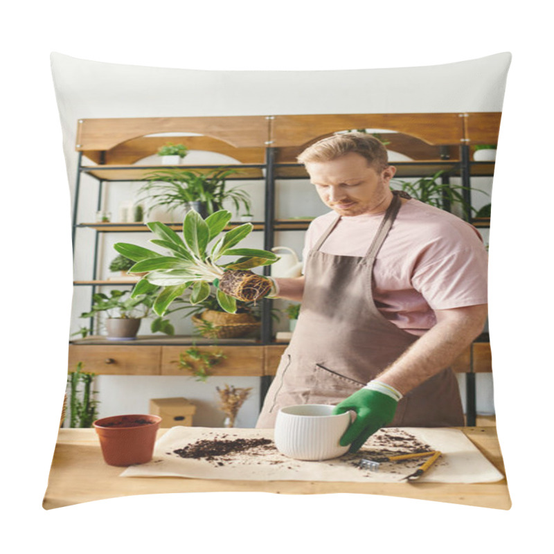 Personality  A Man In An Apron Attentively Tends To A Potted Plant In A Botanical Shop, Showcasing His Passion For Horticulture. Pillow Covers