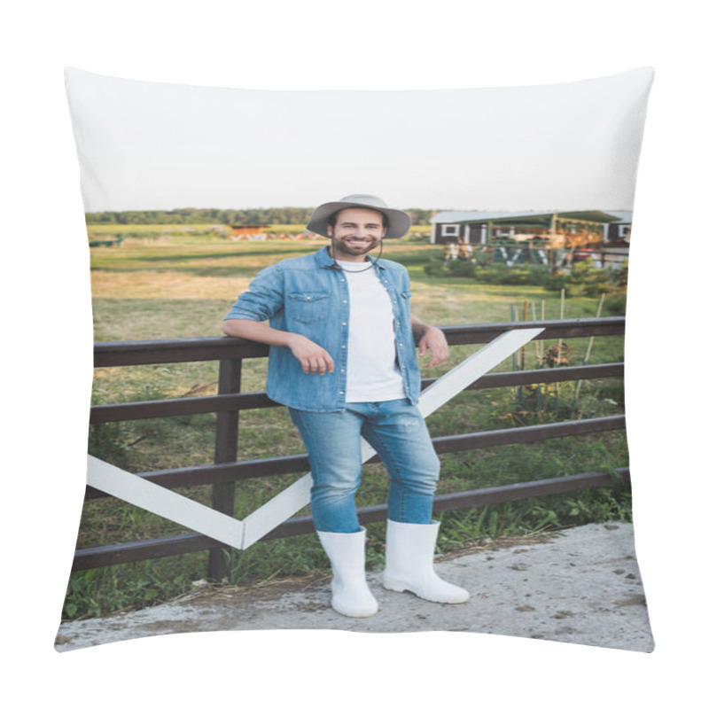 Personality  Full Length View Of Smiling Farmer In Denim Clothes Standing Near Wooden Fence On Farm Pillow Covers