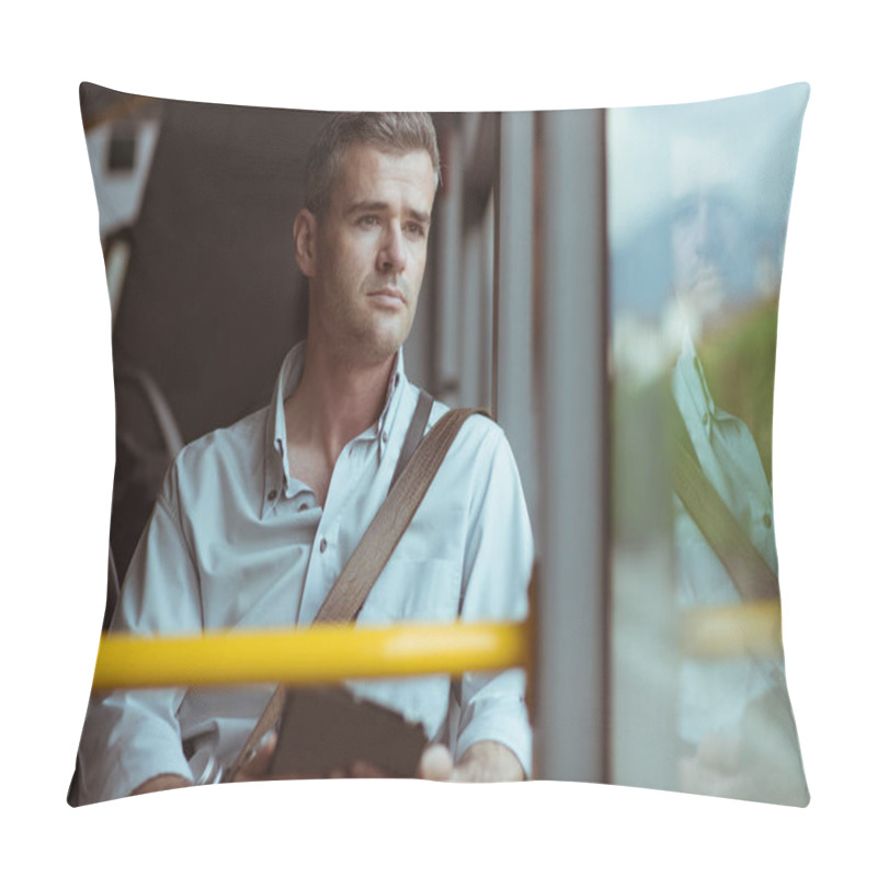 Personality  Confident Pensive Man Sitting In Bus Pillow Covers