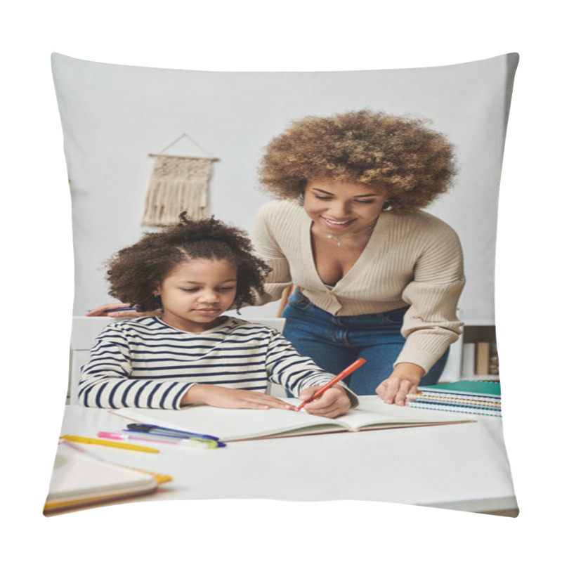 Personality  African American Mother And Daughter Deeply Engaged In Homework Assignment At Home, Fostering A Strong Bond Through Shared Learning. Pillow Covers