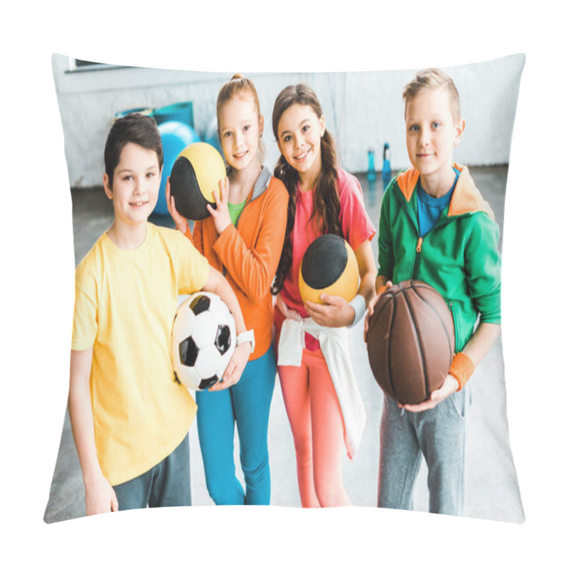 Personality  Excited Children In Sportswear Posing With Balls Pillow Covers