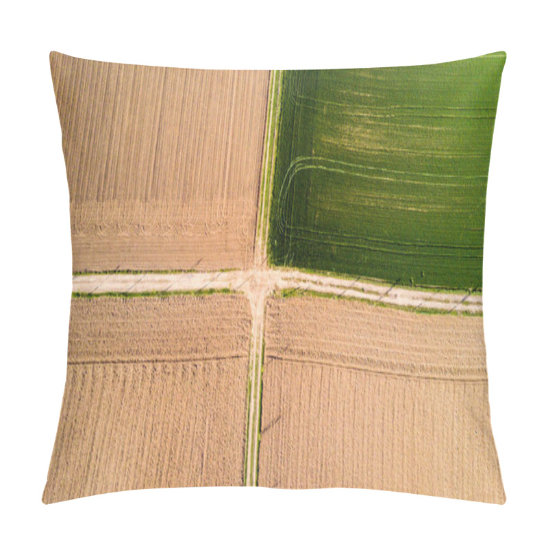 Personality  Nature And Landscape: Aerial View Of A Field, Cultivation, Green Grass, Countryside, Farming, Dirt Road Pillow Covers