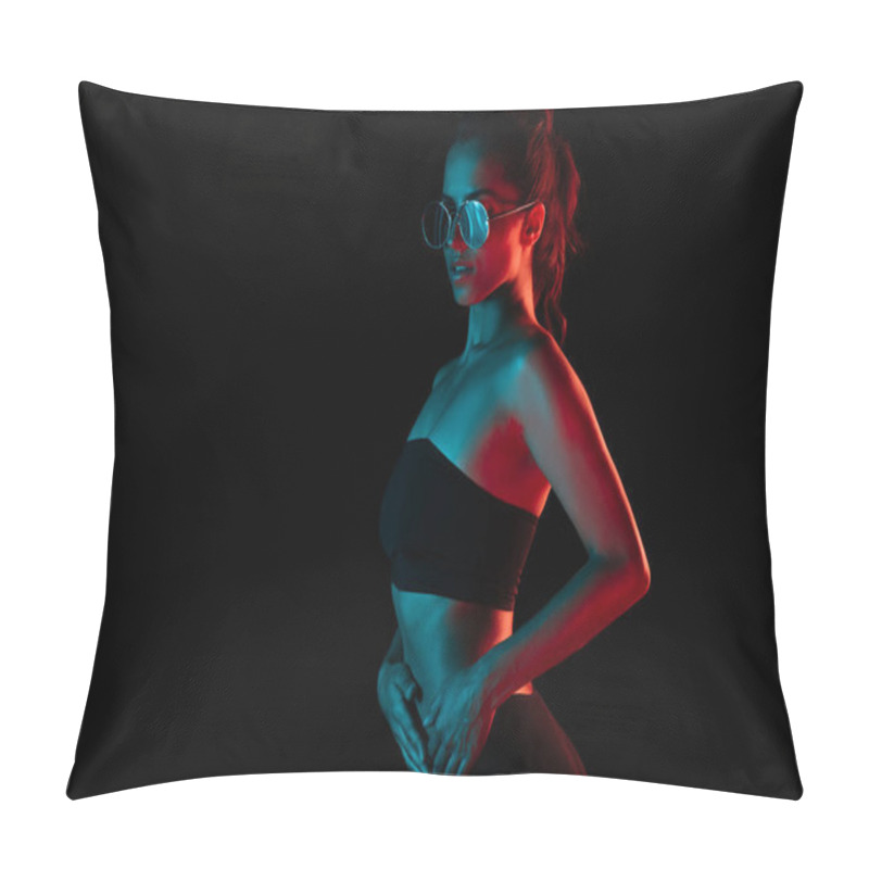 Personality  Trendy Young Woman In Sunglasses Standing With Hand In Hip Isolated On Black  Pillow Covers