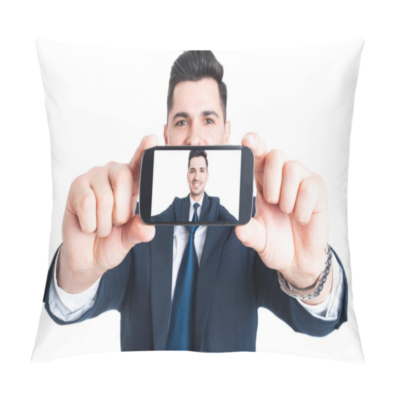 Personality  Portrait Of Handsome Happy Salesman Taking A Selfie With Smartph Pillow Covers