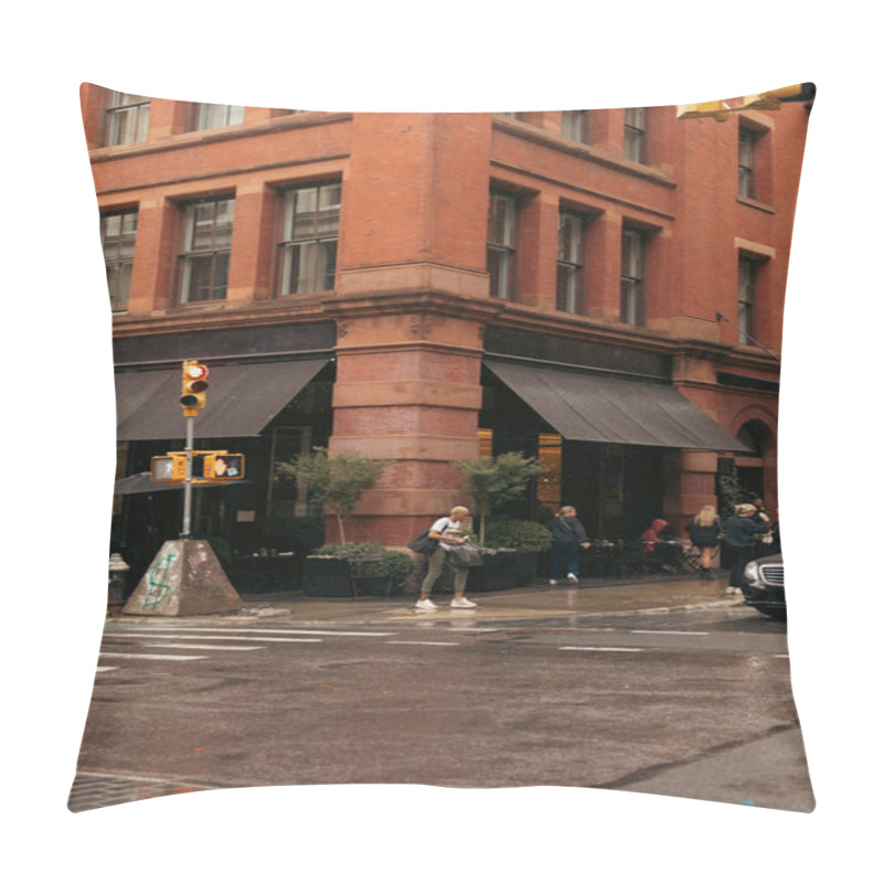 Personality  NEW YORK, USA - OCTOBER 11, 2022: People On Urban Street After Rain In Manhattan  Pillow Covers