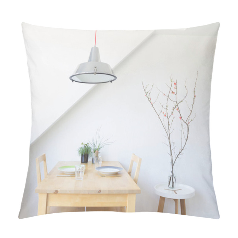 Personality  Kitchen Table Under Hanging Industry Design Lamp Decorated With Succulents And Quince Branch Pillow Covers