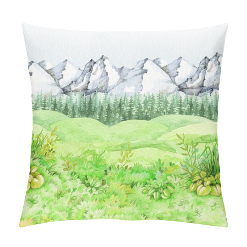 Personality  Spring Season Countryside Nature Background With Green Grass, Meadow, Forest And Mountain Range. Hand Drawn Watercolor Illustration. Countryside Wildlife Nature Landscape Backdrop Element. Pillow Covers