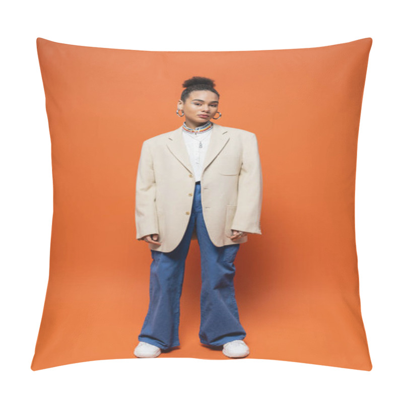 Personality  Stylish African American Woman In Urban Outfit With Beige Blazer Posing On Bright Orange Backdrop Pillow Covers