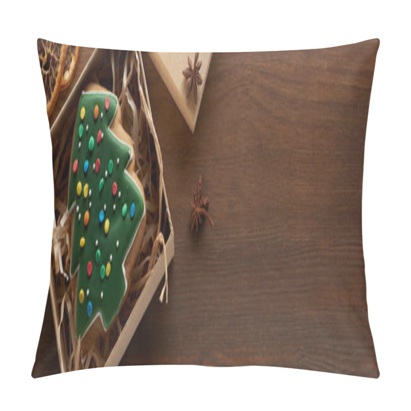 Personality  Top View Of Christmas Tree Cookie In Box Near Dried Citrus And Anise At Wooden Table, Panoramic Shot Pillow Covers