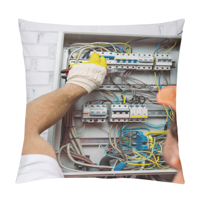 Personality  Selective Focus Of Electrician In Glove Holding Pliers And Turning On Toggle Switches Of Electrical Box Pillow Covers