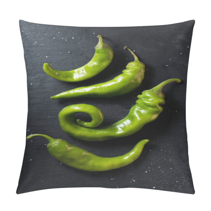 Personality  Top View Of Green Ripe Chili Peppers On Black Surface Pillow Covers