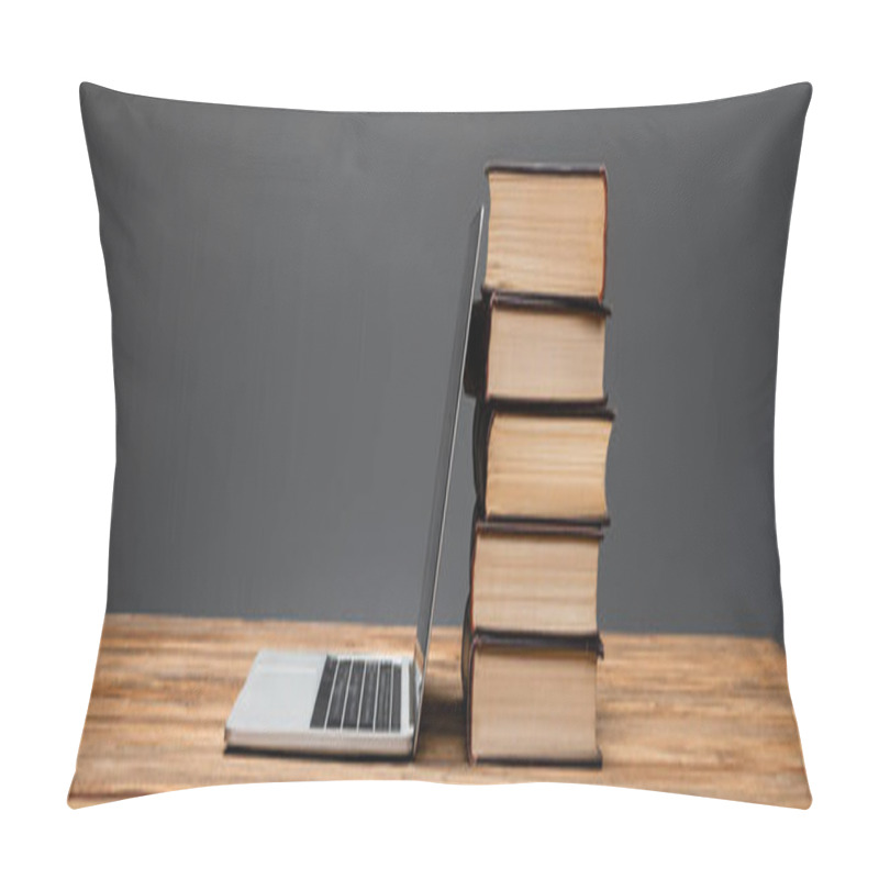 Personality  Stack Of Books And Laptop On Wooden Desk Isolated On Grey, Banner Pillow Covers