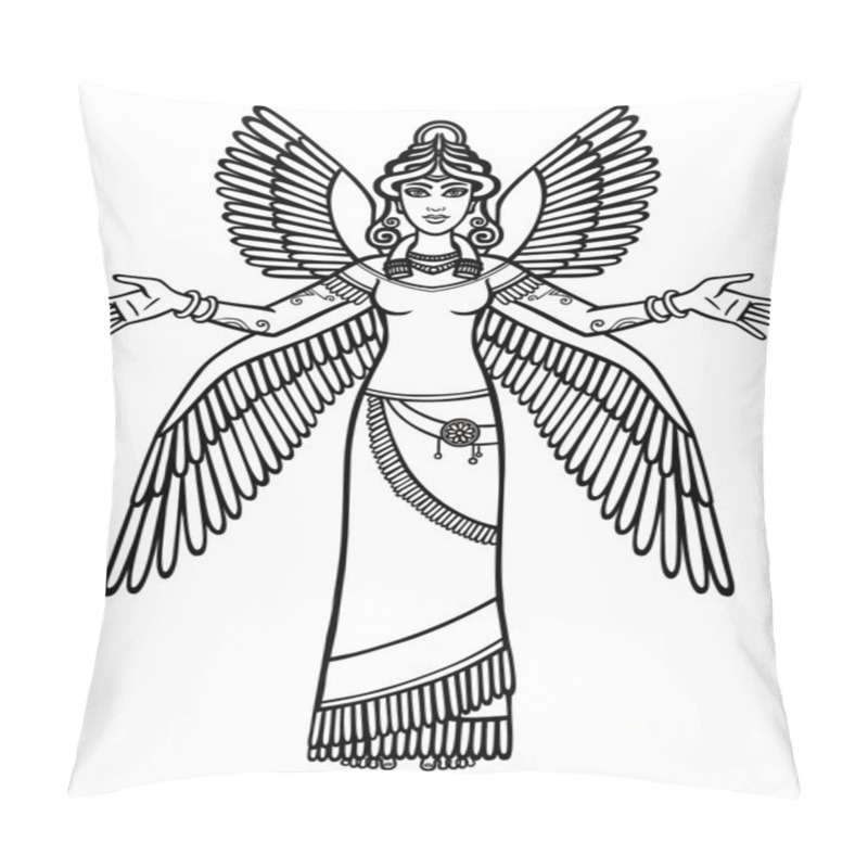 Personality  Vector Illustration: The Stylized Goddess Ishtar. Character Of Sumerian Mythology. Full Growth. The Black Silhouette Isolated On A White Background. Pillow Covers