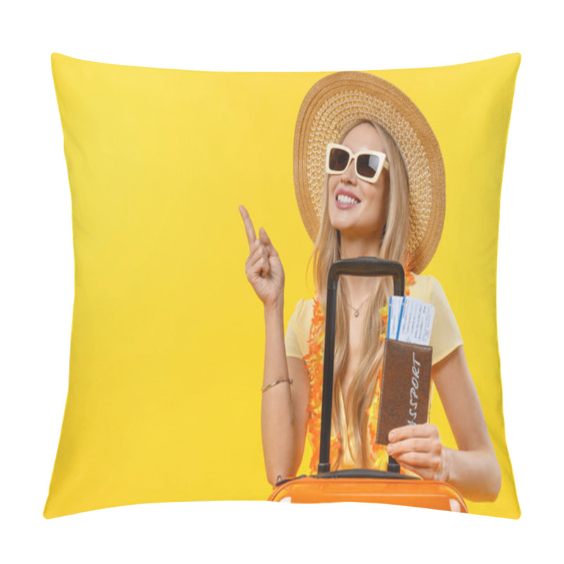 Personality  Young Smiling Woman Pointing In Vacation With Suitcase And Passport Over Isolated Yellow Background Pillow Covers