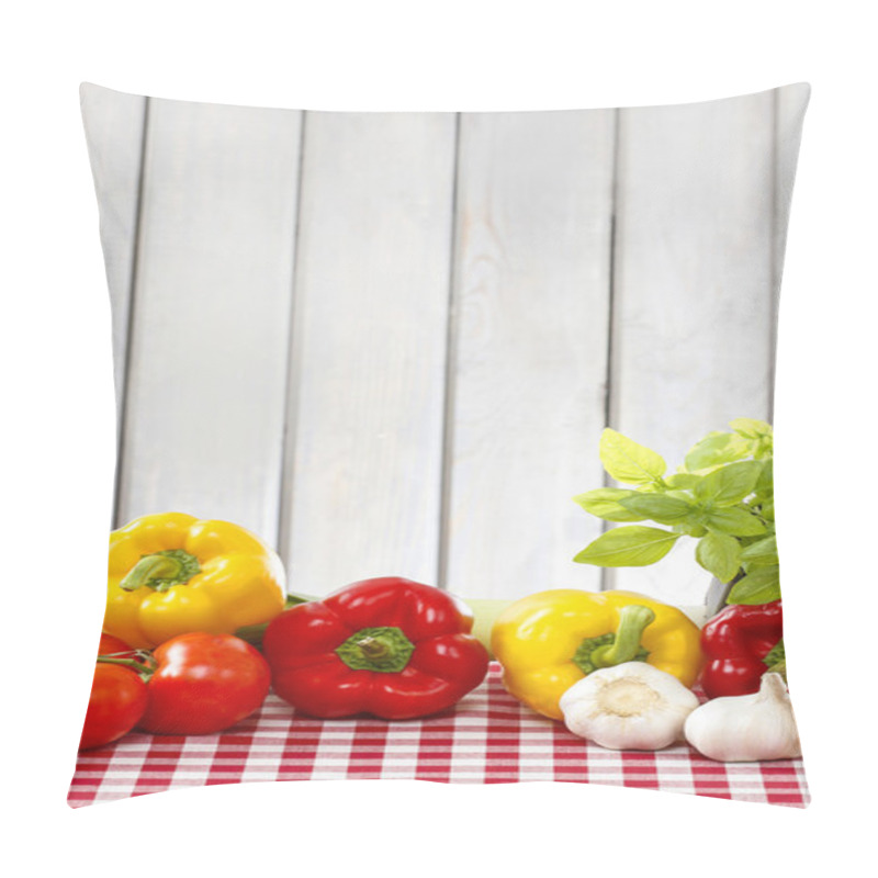 Personality  Fresh Vegetables On Red Checkered Table Cloth. Wooden Background Pillow Covers