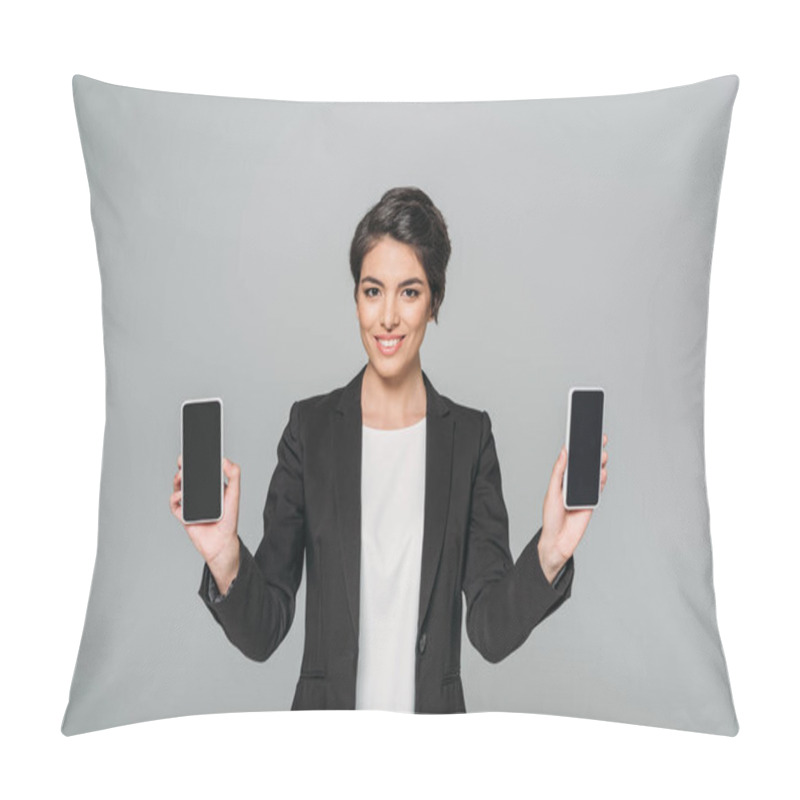 Personality  Cheerful Mixed Race Businesswoman Showing Smartphones With Blank Screen Isolated On Grey Pillow Covers