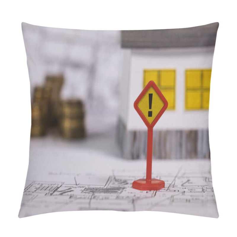 Personality  Sign Of Exclamatory Mark On A Technical Drawing. Paper House And Coins In The Background. Pillow Covers