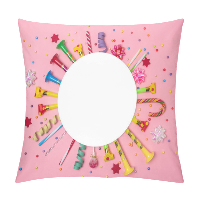 Personality  Colorful Celebration Background With Various Party Confetti, Streamers And Decoration. Minimal Party Concept. Flat Lay. Pillow Covers