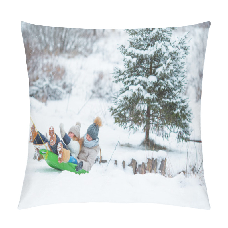 Personality  Little Girls Enjoying Sledding In Winter Day. Father Sledding His Little Adorable Daughters. Family Vacation On Christmas Eve Outdoors Pillow Covers