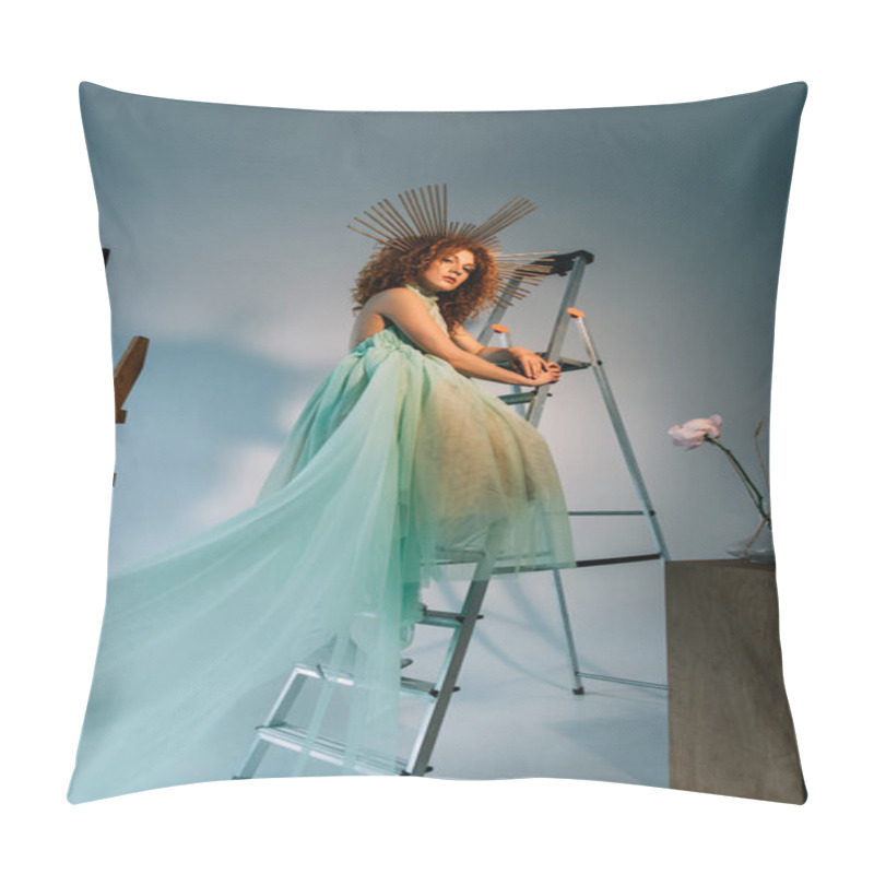 Personality  Beautiful Fashionable Girl With Accessory On Head Posing On Ladder  Pillow Covers