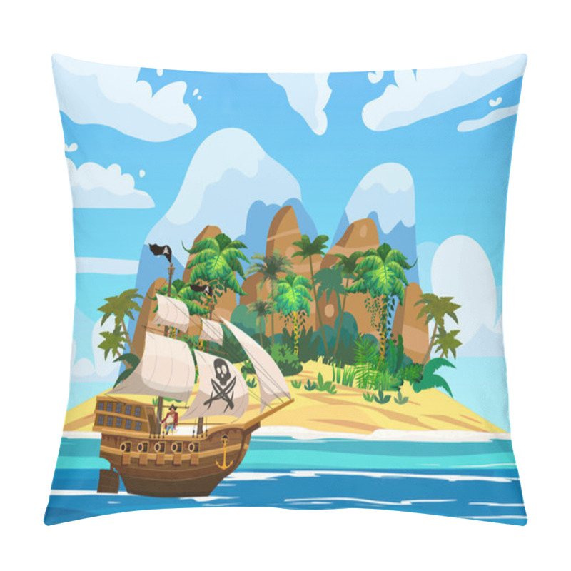 Personality  Pirate Ship Under Sail In Ocean, Island Treasure Tropical, Palms, Mountains. Sea Landscape, Adventure, Game. Vector Illustration Pillow Covers