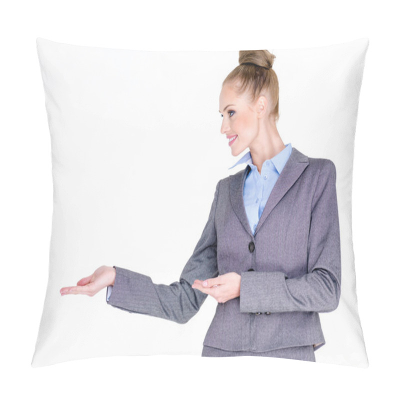 Personality  Businesswoman Holding Hands Out To Side Pillow Covers