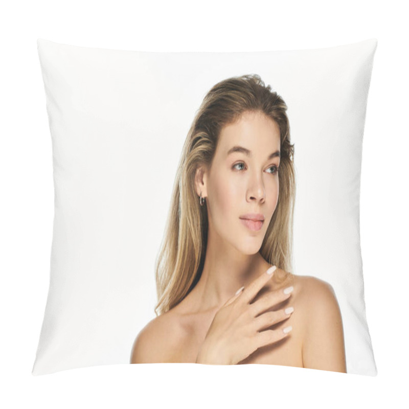 Personality  A Beautiful Young Woman Showcases Her Natural Beauty With A Serene Expression And Gentle Pose. Pillow Covers