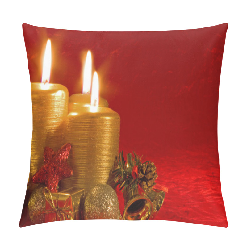 Personality  Three Burning Candles In A Christmas Setting With Seasonal Decorations Pillow Covers