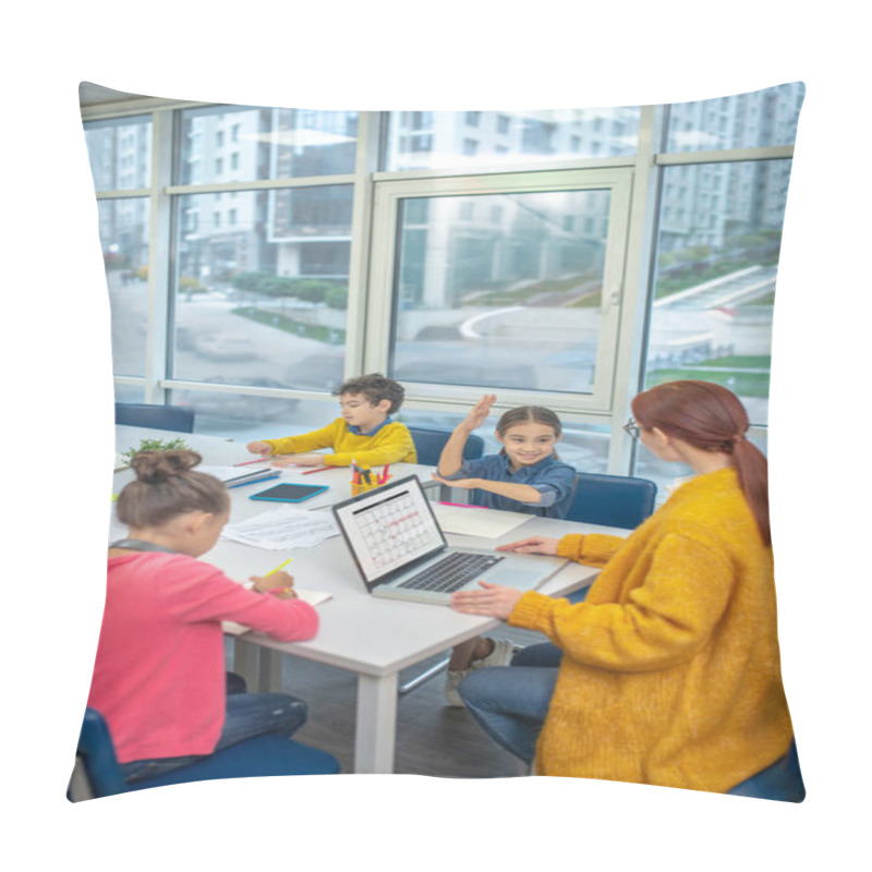 Personality  Girl Raising A Hand During The Lesson Pillow Covers