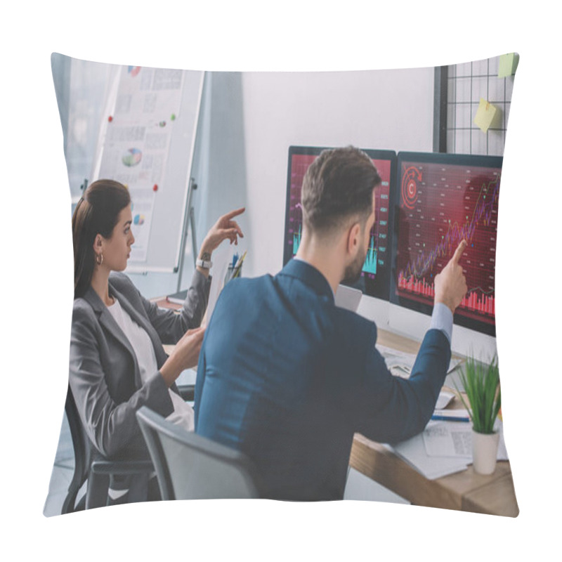 Personality  Data Analysts Pointing On Charts On Computer Monitors While Testing Security Software In Office Pillow Covers