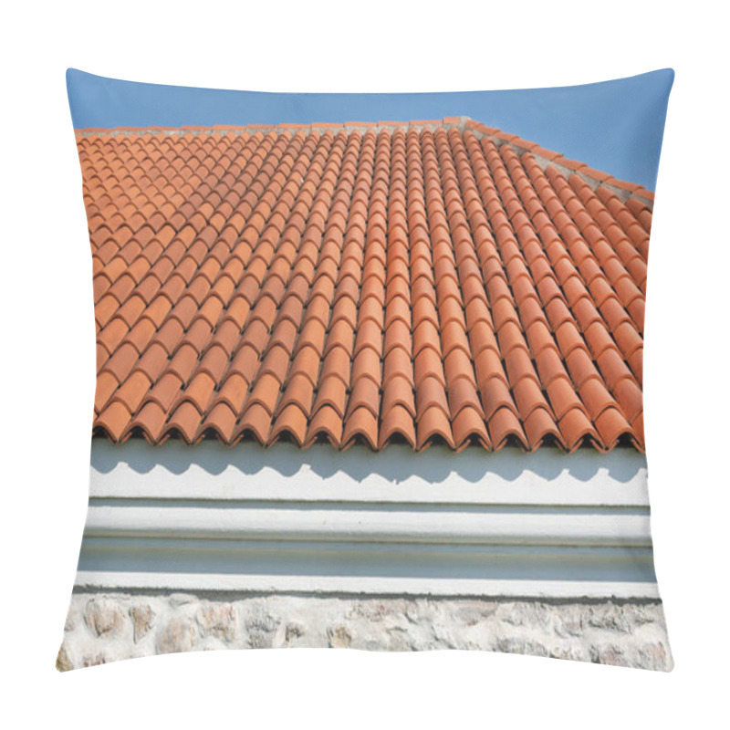 Personality  Red Corrugated Tile Element Of Roof Tile Pattern On House Over Blue And Cloudy Spring Sky Day And Green Tree In The Background. The Roof On Modern House Building. Close Up, Selective Focus Pillow Covers