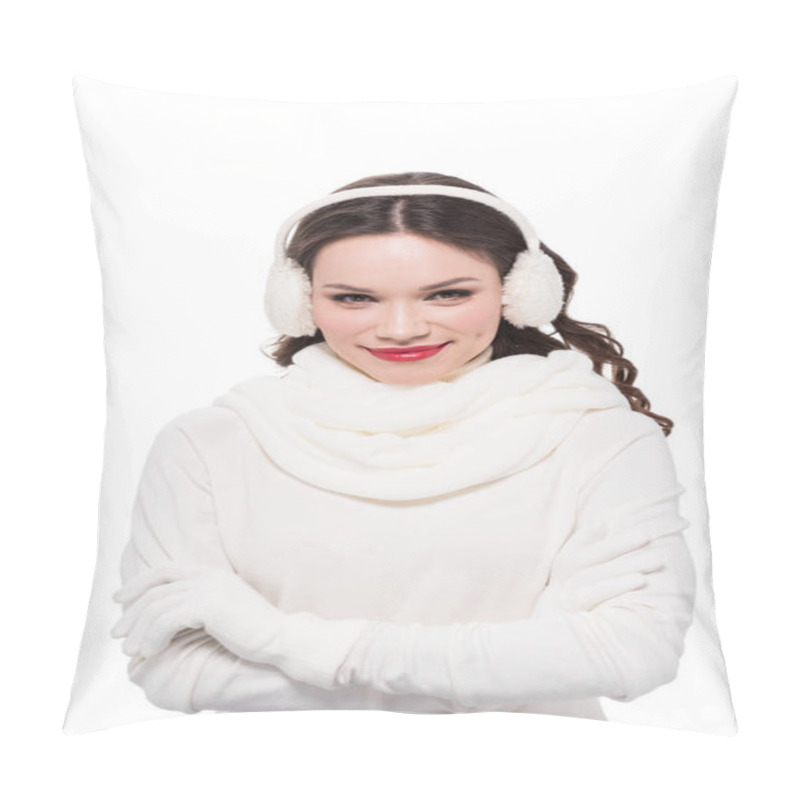 Personality  Smiling Woman In Earmuffs And Scarf Pillow Covers