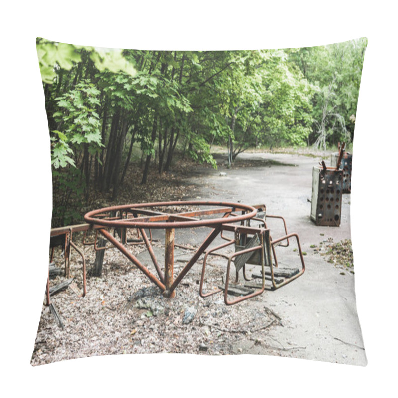 Personality  Selective Focus Of Abandoned Carousel In Green Park  Pillow Covers