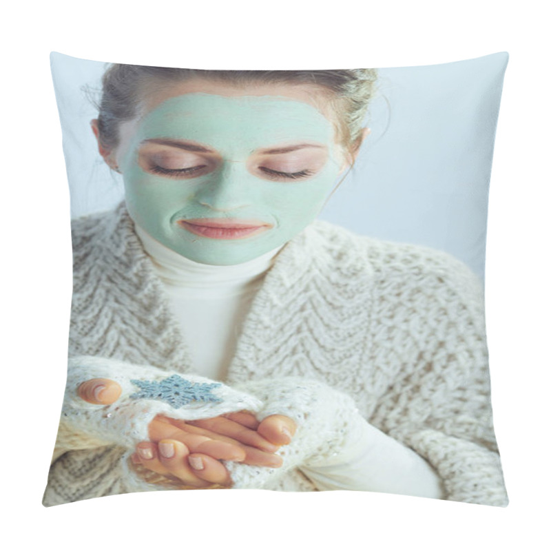 Personality  Stylish Woman With Green Facial Mask Looking At Snowflake Pillow Covers