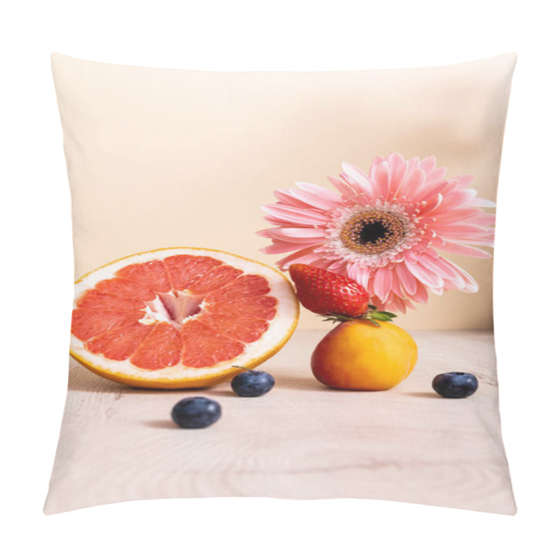 Personality  Floral And Fruit Composition With Pink Gerbera, Berries, Grapefruit And Apricot On Wooden Surface Isolated On Beige Pillow Covers