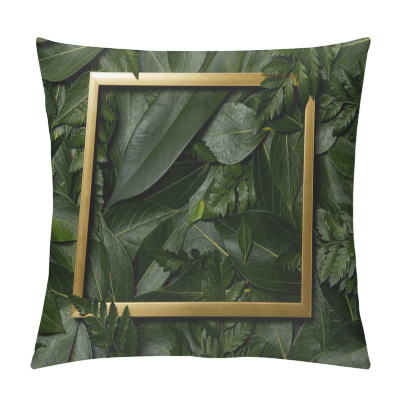 Personality  Top View Of Golden Frame On Green Fresh Leaves Background Pillow Covers