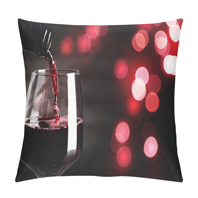 Personality  Pouring Red Wine Into Glass Against Dark Background With Blurred Lights, Closeup. Space For Text Pillow Covers