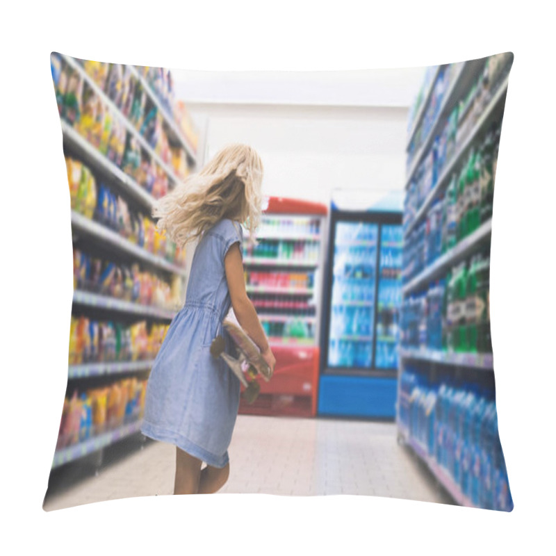 Personality  Little Kid With Skateboard Standing In Supermarket With Shelves Behind Pillow Covers