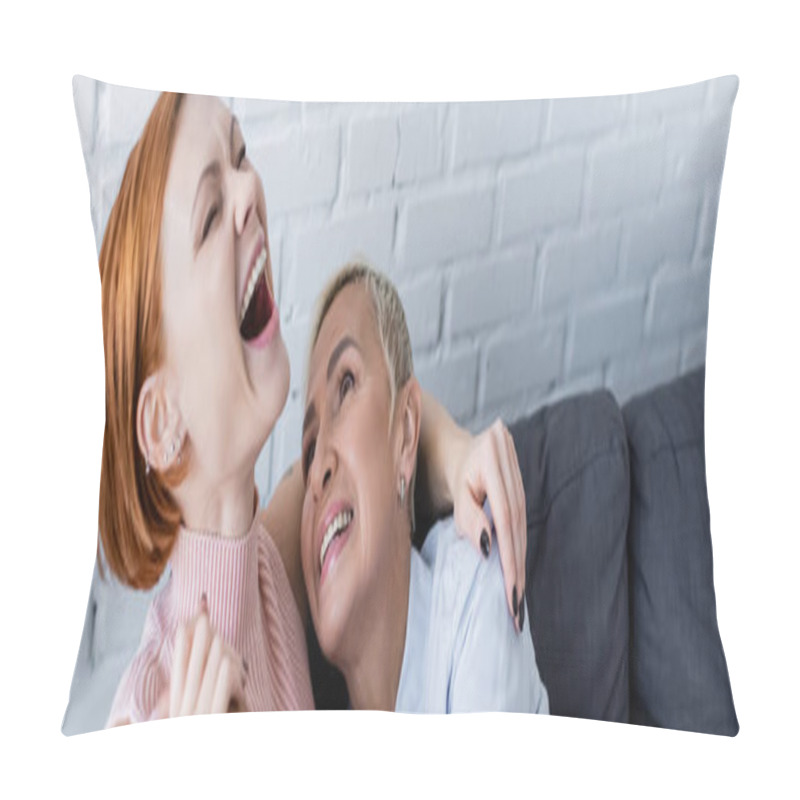 Personality  Excited Woman With Closed Eyes Laughing Near Lesbian Girlfriend At Home, Banner Pillow Covers