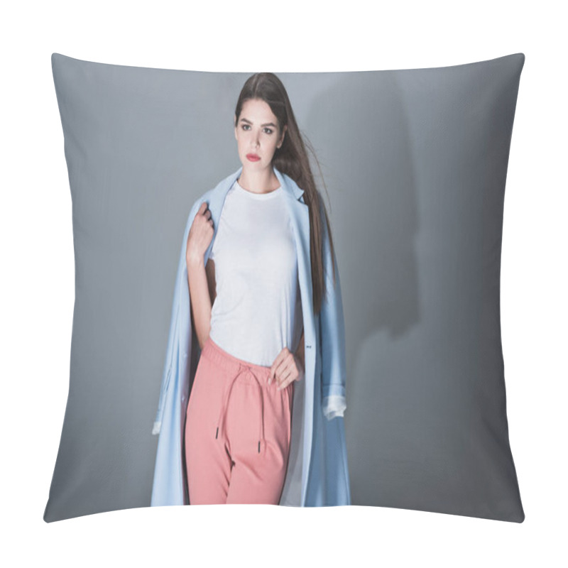 Personality  Lady In Blue Trench Pillow Covers