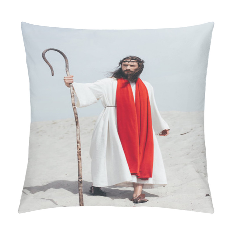 Personality  Jesus In Robe, Red Sash And Crown Of Thorns Standing With Wooden Staff In Desert And Looking Away Pillow Covers