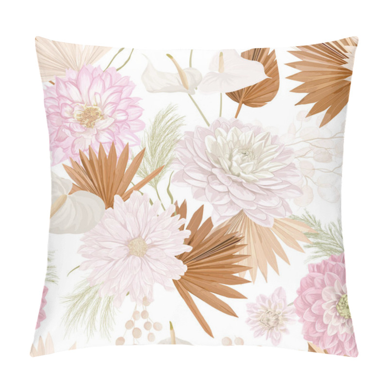 Personality  Watercolor Dahlia Flower, Palm Leaves, Pampas Grass, Lunaria Vector Seamless Background. Jungle Dried Flowers Pillow Covers