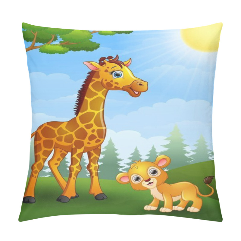 Personality  Giraffe And Lion Cub Cartoon In The Jungle Pillow Covers