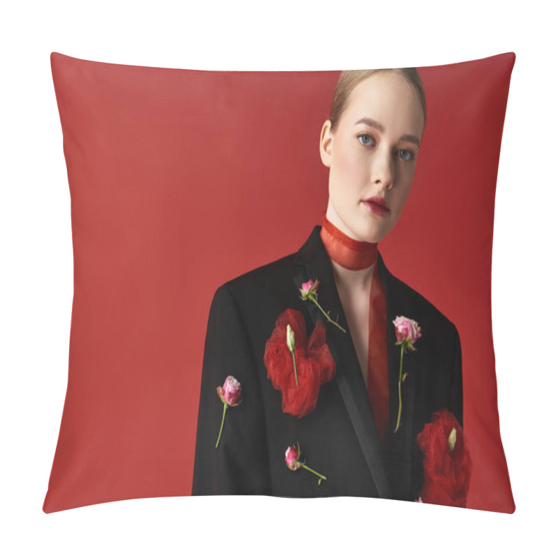 Personality  A Young Woman Showcases Her Beauty With Flowers Artistically Arranged. Pillow Covers